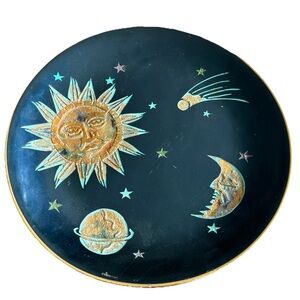 Vintage Brass Enamel Sun Moon & Stars Trinket Dish Celestial Whimsical Artsy